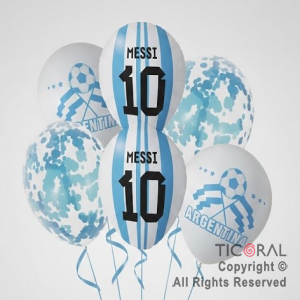 SET DE GLOBOS ARGENTINA MESSI LATEX CON CONFETI x 6 UNIDADES